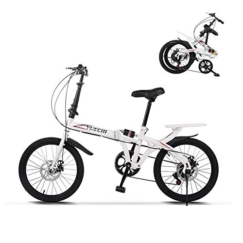Folding Bike : Adult Road Racing Bike Mountain Bikes 20in City Folding Compact Suspension Bike, 7-Speed, Disc Brake, High Tensile Steel, City commuters for Adult Men and Women Teens (White)