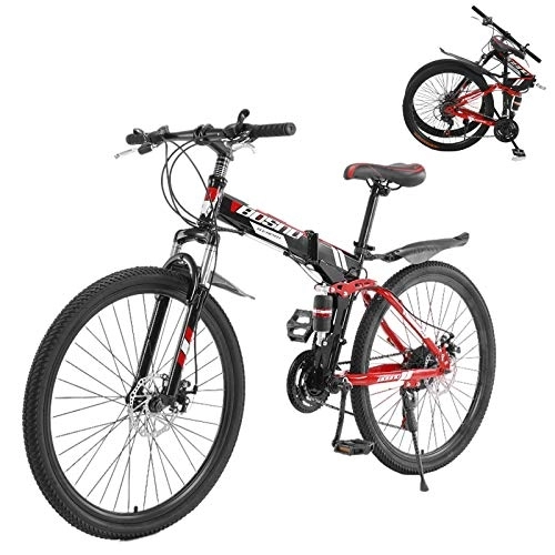 Folding Bike : Adult Road Racing Bike Mountain Bikes 26-inch Folding Mountain Bike, 21 Speed Carbon Steel Mountain Bicycle for Adults, Non-Slip Bike, with Dual Suspension Frame and Disc Brake for Outdoor MTB (B