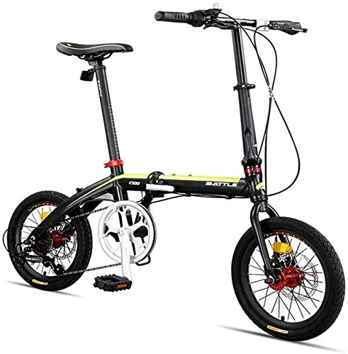 Folding Bike : Adults Folding Bike, Foldable Compact Bicycle, 16" 7 Speed Super Compact Light Weight Folding Bike, Reinforced Frame Commuter Bike, (Color : Yellow)