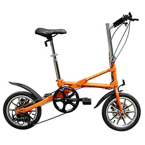 Folding Bike : Adults Folding Bikes, 14 Inch Mini Disc Brake Foldable Bicycle, Men Women High-carbon Steel Super Compact Reinforced Frame Commuter Bike, Black, Single Speed FDWFN (Color : Orange)