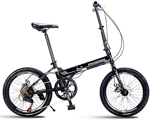 Folding Bike : Adults Folding Bikes, 20" 7 Speed Disc Brake Mini Foldable Bicycle, High-carbon Steel Lightweight Portable Reinforced Frame Commuter Bike, (Color : Black)
