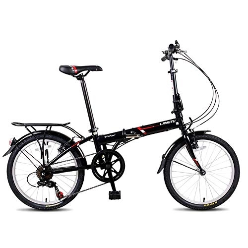 Folding Bike : Adults Folding Bikes, 20" 7 Speed Lightweight Portable Foldable Bicycle, High-carbon Steel Urban Commuter Bicycle with Rear Carry Rack, Black FDWFN (Color : Black)