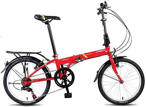 Folding Bike : Adults Folding Bikes, 20" 7 Speed Lightweight Portable Foldable Bicycle, High-carbon Steel Urban Commuter Bicycle With Rear Carry Rack, (Color : Red)