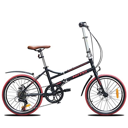 Folding Bike : Adults Folding Bikes, 20 Inch 6 Speed Disc Brake Foldable Bicycle, Lightweight Portable Reinforced Frame Commuter Bike with Front and Rear Fenders, Black FDWFN (Color : Black)