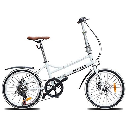 Folding Bike : Adults Folding Bikes, 20 Inch 6 Speed Disc Brake Foldable Bicycle, Lightweight Portable Reinforced Frame Commuter Bike with Front and Rear Fenders, Black FDWFN (Color : White)