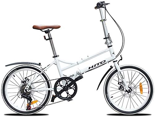 Folding Bike : Adults Folding Bikes, 20 Inch 6 Speed Disc Brake Foldable Bicycle, Lightweight Portable Reinforced Frame Commuter Bike with Front and Rear Fenders (Color : White)