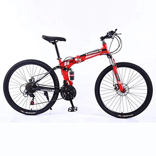 Folding Bike : Adults Folding Bikes, High-carbon Steel Double Disc Brake Folding Mountain Bike, Dual Suspension Foldable Bicycle, Portable Commuter Bike (Red)