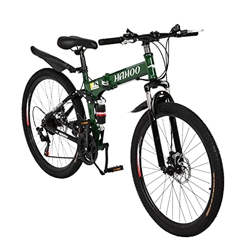 Folding Bike : Adults Folding Mountain Bike for Men & Women High-Carbon Steel Mountain Bike Outdoor Exercise Road Bikes with 21 Speed Dual Disc Brakes Full Woman Bicycle 26 Inch Mountain (Green, One Size)