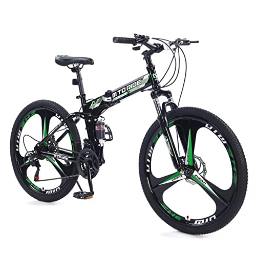 Folding Bike : Adults Folding Mountain Bike Full Suspension High-Carbon Steel Bike，21 Speeds Drivetrain，3-Spokes 26 Inch Wheels，Mechanical Dual Disc-Brakes，Shock-absorbing Shifting green