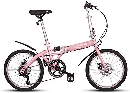 Folding Bike : Adults Unisex Folding Bikes, 20" 6 Speed High-carbon Steel Foldable Bicycle, Lightweight Portable Double Disc Brake Folding City Bike Bicycle, (Color : Pink)