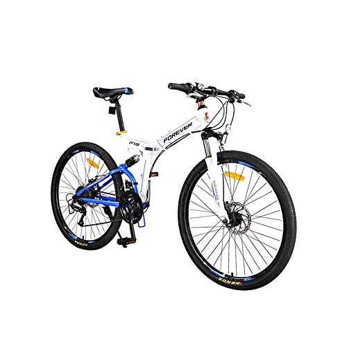 Folding Bike : AEDWQ 24-speed Folding Mountain Bike, 26-inch High-carbon Steel Frame, Dual Suspension Dual Disc Brake Bicycle, MTB Tires, Black Green / White Blue (Color : White blue)