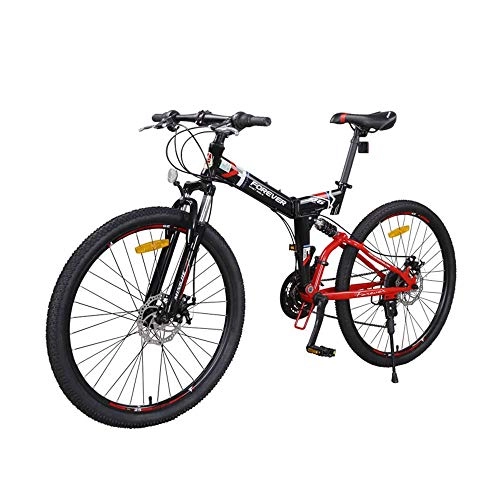 Folding Bike : AEDWQ 24-speed Folding Mountain Bike, 26-inch High Carbon Steel Frame, Dual Suspension Dual Disc Brake Bicycle, MTB Tires, Black Red, Black Green, White Blue (Color : Black red)