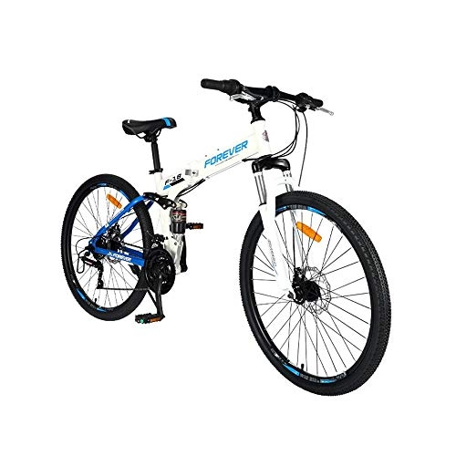 Folding Bike : AEDWQ 24-speed Folding Mountain Bike, 26-inch High Carbon Steel Frame, Dual Suspension Dual Disc Brake Bicycle, MTB Tires, Black Red / White Blue (Color : White blue)