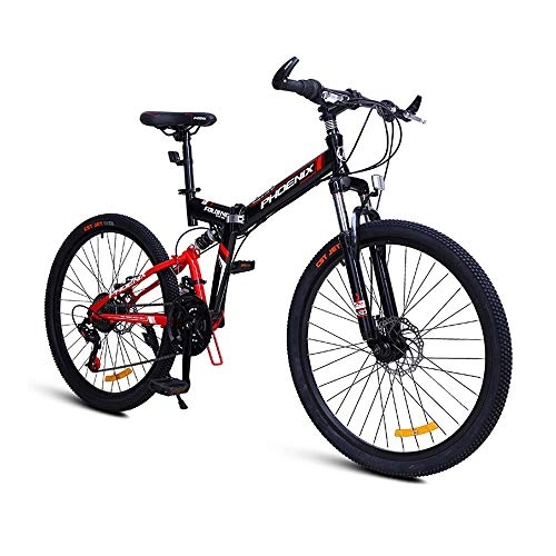 Folding Bike : AEDWQ 24 Speed Folding Mountain Bike, High Carbon Steel Frame, Double Suspension Double Disc Brake Bike, 26 Inch Spoke MTB Tires, Black Red / Black Blue