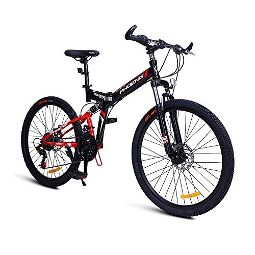 Folding Bike : AEDWQ 24 Speed Folding Mountain Bike, High Carbon Steel Frame, Double Suspension Double Disc Brake Bike, 26 Inch Spoke MTB Tires, Black Red / Black Blue (Color : Black red)
