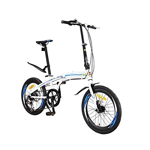 Folding Bike : AEDWQ 7-speed Folding Bike, 20-inch High-carbon Steel Frame, Double Suspension And Double Disc Brakes, Unisex Bicycle, 36 Spoke Tires, Black Green / White Blue (Color : White blue)