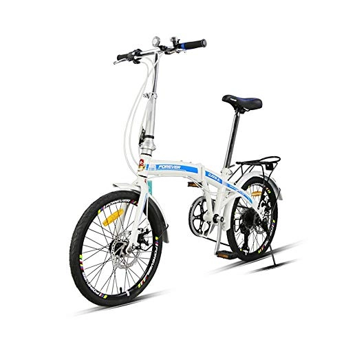 Folding Bike : AEDWQ 7-speed Folding Mountain Bike, 20-inch High Carbon Steel Frame, Double Disc Brake Bike, MTB Tires, White Red / White Blue (Color : White blue)