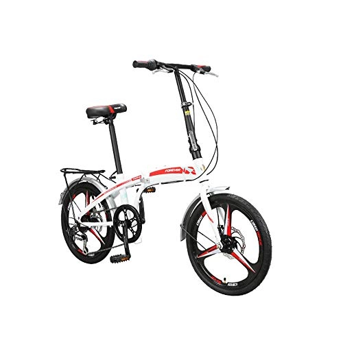 Folding Bike : AEDWQ 7-speed Folding Mountain Bike, 20-inch High Carbon Steel Frame, Double Disc Brake Bike, MTB Tires, White Red / White Blue (Color : White red)