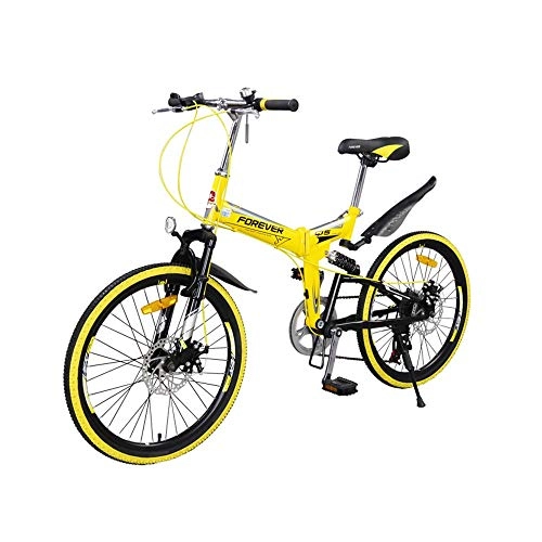 Folding Bike : AEDWQ 7-speed Folding Mountain Bike, 22-inch High Carbon Steel Frame, Double Suspension, Double Disc Brake Bike, MTB Tires, Yellow