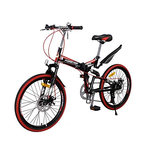 Folding Bike : AEDWQ 7-speed Folding Mountain Bike, 22-inch High-carbon Steel Frame, Dual Suspension Dual Disc Brake Bicycle, MTB Tires, Black Red