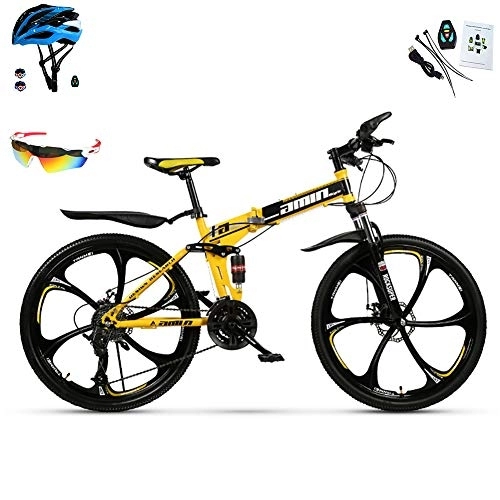 Folding Bike : AI-QX 26" Folding Mountain Bike 30 Speed Full Suspension Bicycle Dual Disc Brake MTB, Yellow