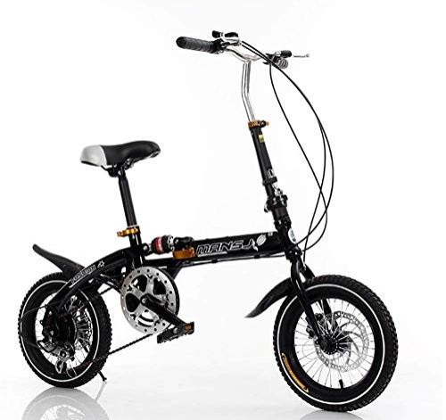 Folding Bike : AI-QX Cycling, Children Folding City Bikes, Carbon Steel, 6-Speed Cruiser Bikes, Easy To Carry, Black, 14