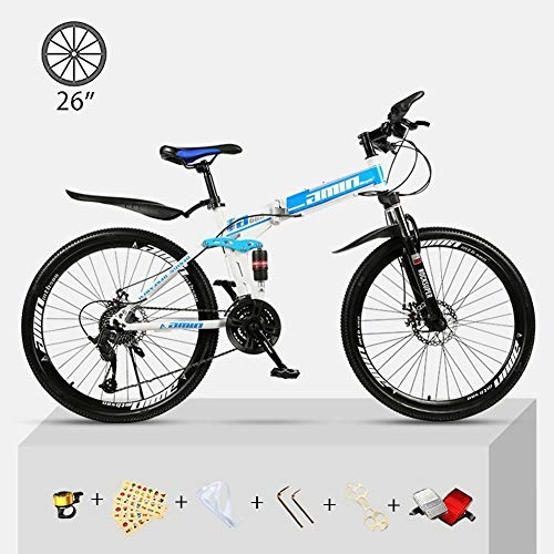 Folding Bike : All-Terrain Mountain Bike Folding Portable 26-Inch Double Shock Absorption 21-Speed Off-Road City Bike for Young Men and Women, Blue