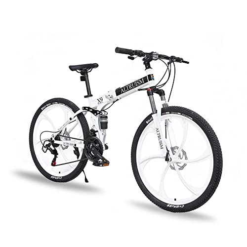 Folding Bike : ALTRUISM Mountain Bike Folding Bicycle 26" Disc Brake Shimano 21 Speed Transmission Full Suspension 6-Spokes-Wheel MTB For Women & Men(White)