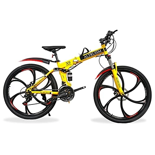Folding Bike : ALTRUISM Mountain Bike Folding Bicycle 26 Inch Disc Brake Shimano 21 Speed Transmission Full Suspension 6-Spokes-Wheel MTB For Women & Men(Yellow)