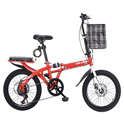 Folding Bike : ALUNVA 20inch Adult Folding Bike, Disc Brake City Commuter Bicycle, Carbon Steel Frame Portable Bicycle, Adjustable Seat And Handlebars-Red 16inch