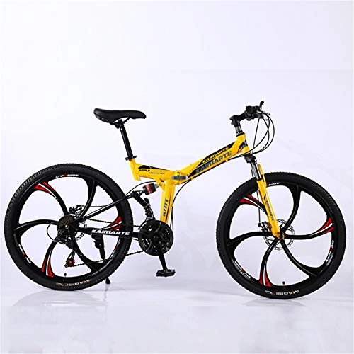 Folding Bike : ALUNVA 21 Speed Adult Folding Mountain Bike, High Carbon Steel Frame Road Bike, Double Disc Brake Bicycle, Front Suspension Variable Speed Bike, Anti-slip-Yellow 162x91cm(64x36inch)