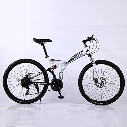 Folding Bike : ALUNVA Folding Mountain Bikes, 26inch Road Bike, Adult High-carbon Steel Double Front Suspension Bicycle, 21 Speed Shock-absorbing Outroad Bicycle-White 175x97cm(69x38inch)