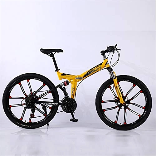 Folding Bike : ALUNVA High Carbon Steel Folding Mountain Bike, 21 Speed Gears Portable Bicycle, Mechanical Disc Brakes MTB, Full Suspension Road Bike-Yellow 162x91cm(64x36inch)