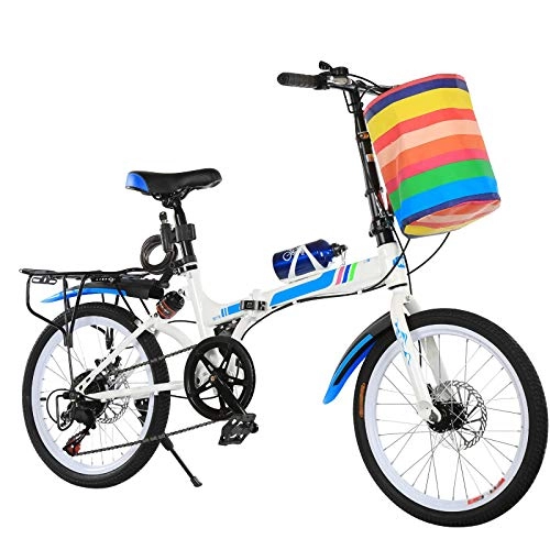 Folding Bike : AMEA 20-inch shock absorption folding bike, variable speed, double disc brake bicycle, student and adult bicycle, white and blue