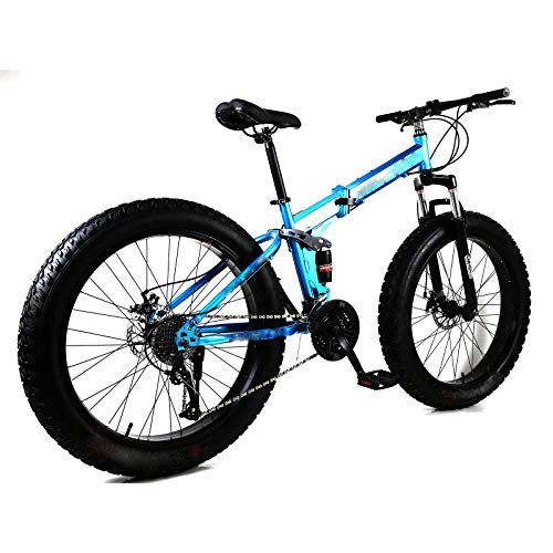 Folding Bike : AMEA Beach And Snow Folding Bikes, Dual Shock Absorbers, Dual Disc Brakes, Soft Tail Mountain Bikes, 4.0 Widened Tires, Bicycles 24 / 26 Feet (7 / 21 / 24 / 27 / 30) 4-Speed, Blue, 24 / 7
