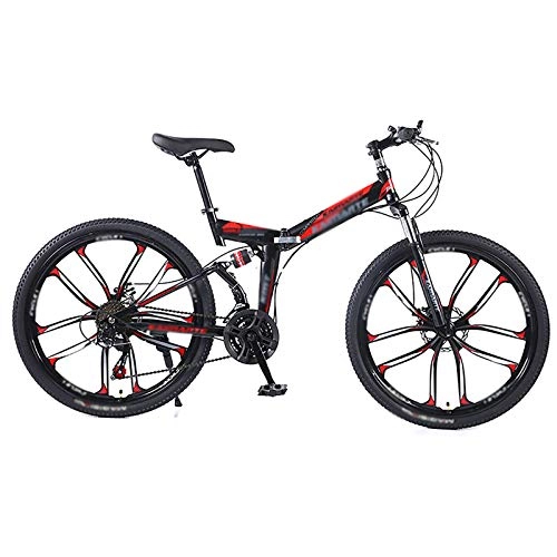Folding Bike : AMEA Mountain Folding Bike, 21 / 24 / 27 / 30-Speed Dual-Disc Brakes, Dual-Shock Variable Speed Mountain Bikes, One-Wheeled Bicycles, Black Red, 24 inch 21 speed