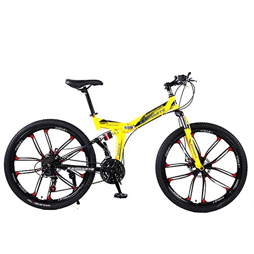 Folding Bike : AMEA Mountain Folding Bike, 21 / 24 / 27 / 30-Speed Dual-Disc Brakes, Dual-Shock Variable Speed Mountain Bikes, One-Wheeled Bicycles, Yellow, 26 inch 21 speed