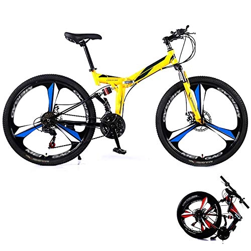 Folding Bike : AMEA Mountain Folding Bike, 24 / 26 Inches Dual-Disc Brakes Dual-Shock Variable Speed Mountain Bicycles 21 / 24 / 27 / 30-Speed, Yellow, 26 inch 30 speed
