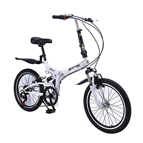 Folding Bike : ANJING 20 Inch Folding Bicycle, Lightweight Bike with 6 Speed Drivetrain and Dual Suspension, White, VBrake