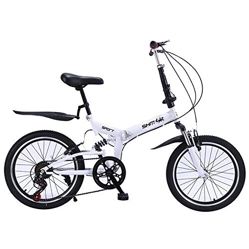 Folding Bike : ANJING 20 Inch Folding Bike, 6 Speed Lightweight Iron Frame Foldable Compact Bicycle with Anti-Skid and Wear-Resistant Tire for Adults, White