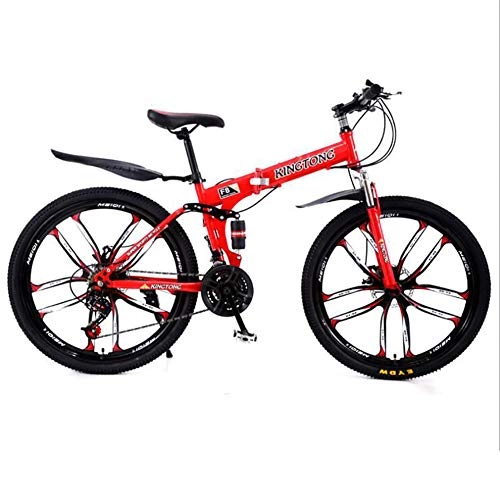Folding Bike : ANJING 24 Inch Lightweight Folding Mountain Bike with Carbon Steel Frame, Double Disc Brakes, and 24 Speed Gears, Red