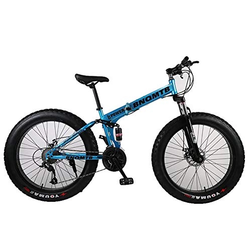 Folding Bike : ANJING 26 Inch Mountain Bike with Dual Suspension, 24 Speed Fat Tire Bicycle with Front and Rear Double Disc Brakes, Blue, 24Inch