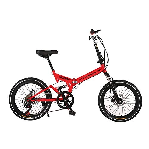 Folding Bike : ANJING Folding Bike with 6-Speed Drivetrain, Double Disc Brake, 20-Inch Wheels for Urban Riding and Commuting, Red