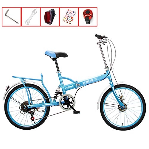 Folding Bike : AOHMG 16'' Folding Bike, 7-Speed Lightweight Steel Frame Unisexe Compact Commuter Foldable City Bicycle, with Fenders / Rear Rack, Blue