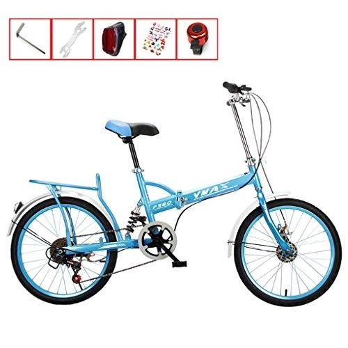 Folding Bike : AOHMG 20'' Folding Bike, 7-Speed Lightweight Steel Frame Compact Commuter Foldable City Bicycle, with Fenders / Rear Rack, Blue
