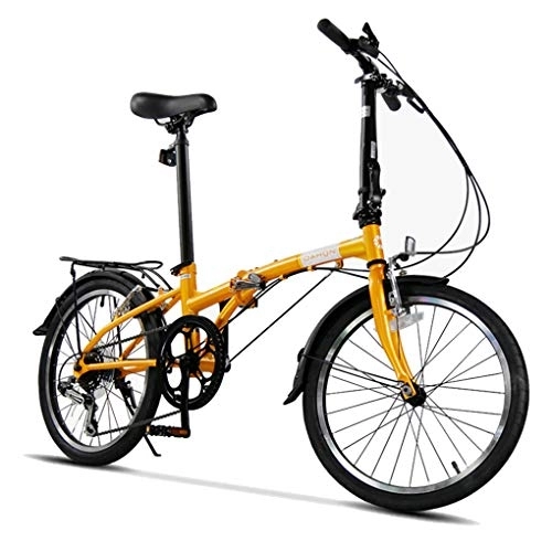 Folding Bike : AOHMG 20'' Folding Bike for Adults, 6-Speed Shimano Gears Steel Frame Lightweight Unisexe Compact Foldable City Bicycle, with Rear Rack, Yellow