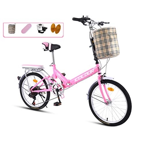 Folding Bike : AOHMG 20'' Folding Bike for Adults, 7-Speed Lightweight Steel Frame Commuter Foldable City Bicycle, with Rear Rack / Comfort Saddle, Pink