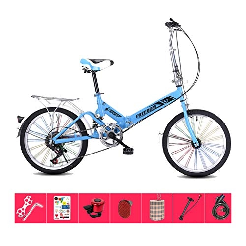Folding Bike : AOHMG 20'' Folding Bike for Adults, 7-Speed Lightweight Steel Frame Compact Commuter Unisexe Foldable City Bicycle, with Rear Rack / Fenders, Blue