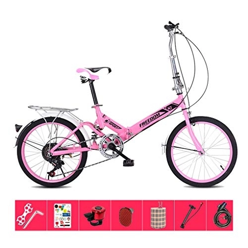 Folding Bike : AOHMG 20'' Folding Bike for Adults, 7-Speed Lightweight Steel Frame Unisexe Commuter Foldable City Bicycle, with Fenders / Rear Rack, Pink