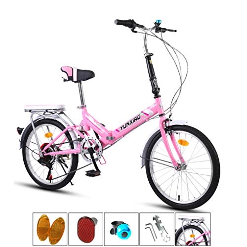 Folding Bike : AOHMG 20'' Folding Bike for Adults, 7-Speed Steel Frame Unisexe Compact Commuter Foldable City Bicycle, with Fenders / Rear Rack, Pink